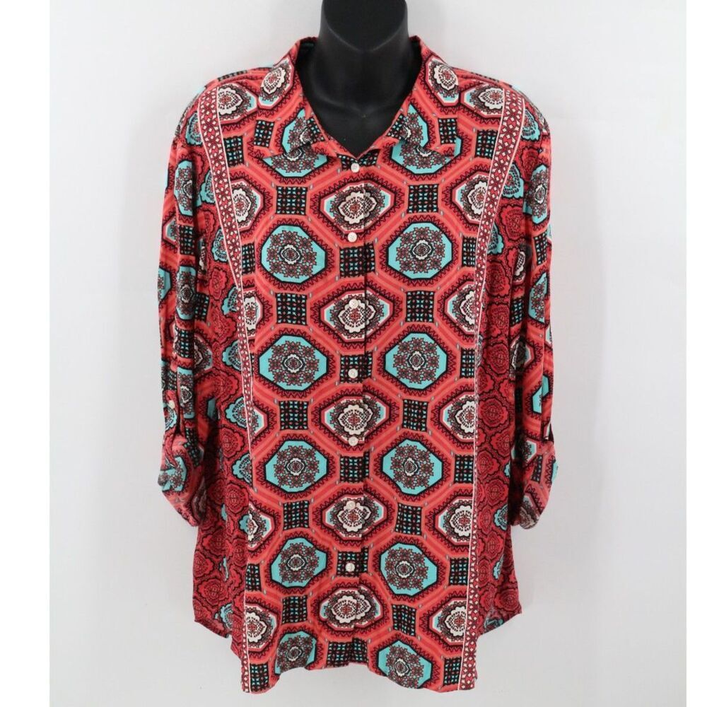 Talbots Womens Long Roll Tab Sleeve Paisley Geometric Top Size Large Pink Blue
